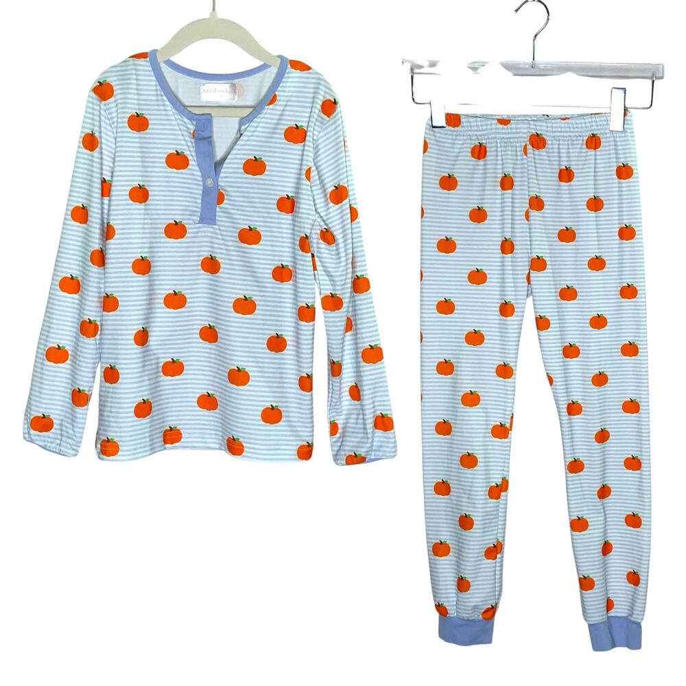 Cecil and Lou 8 Blue Striped Pumpkin Print Pajamas 2 Piece Set Fall Autumn